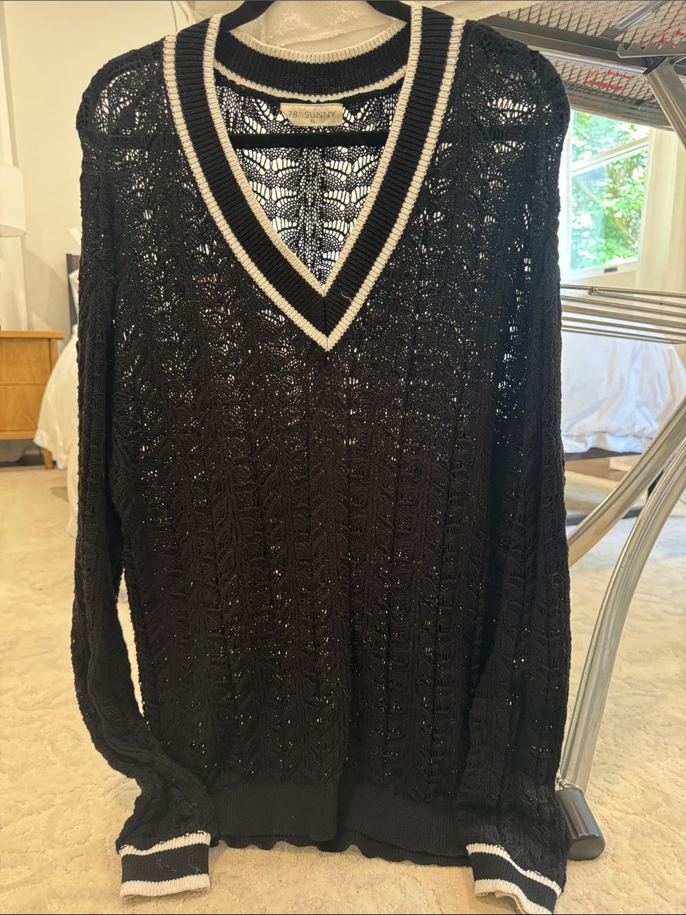 SUNNY Black V-Neck Open Knit Sweater with Contrast Cream Trim